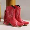 Botas Femininas Transfronteiriças para Comércio Exterior 2026 Outono e Inverno Novas Botas Estilo Europeu e Americano Martin Boots com Franjas, Saltos Grossos, Botas Curtas Bordadas, Tamanhos 40-48