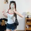 Camisola corta de estilo americano con estampado de chica gatita picante, lunares y bloques de color para mujer, top versátil de verano ajustado que favorece la figura petite