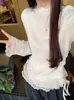 Camiseta Branca de Manga Longa com Cadarço e Renda para Mulheres, Estilo Coreano, Gola Meia-Alta, Slim Fit, Modeladora, Top Básico
