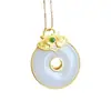 Collar con colgante de hebilla de paz huaigu de jade blanco Hetian de Xinjiang natural, anillo plano blanco grasa de oveja incrustado en plata s925