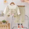 Bebê menina primavera e outono crianças estilo estrangeiro sling roupas infantis grande laço doce manga longa cor combinando falso conjunto de três peças atacado