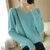 Top Feminino Simples Pequeno Gola V Camiseta Atacado Versátil Emagrecedor Temperamento Camada Base Primavera Outono Manga Longa Preto Feminino Algodão