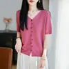 Estilo Ligero y Elegante, Suéter de Punto Transpirable de Lino Hielo con Cuello en V y Manga Corta para Mujer, Cárdigan Suelto de Verano con Botones, Top Cómodo, Camiseta de Moda
