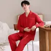 Pijama Masculino de Algodão Puro Manga Longa para Primavera e Outono Roupa de Casa Masculina Tamanho Grande Cardigan Moderno Conjunto de Algodão Confortável com Toque de Luxo