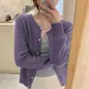 Cárdigan de punto corto morado de cuello redondo, nuevo para otoño, estilo oversized, suéter de abrigo holgado para mujer
