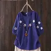 Camiseta de Verano para Mujer Estilo Étnico Retro Bordado Artístico Algodón y Lino Talla Grande Holgada Adelgazante Manga Corta Cubre Carne