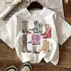 Camiseta Casual Feminina de Manga Curta Transfronteiriça - Top com Estampa Colorida de Bota de Cowboy Gola Redonda para Primavera e Verão, Respirável e Lavável à Máquina