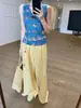 [Exclusivamente para o Sudeste Asiático] Calça Xadrez Azul para Mulheres, Verão, Caimento Leve, Casual, Estilo Yamamoto, Perna Reta, Perna Larga, para Caminhada