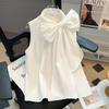 Camisa Branca Sem Manga com Laço Branco Estilo Francês para Filha Rica Feminina Design de Alto Padrão Top Colete Solto que Cobre a Barriga Verão