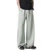 Pantalones de Chándal Blancos de Pierna Ancha con Cordón, Tejido de Punto de Color Sólido, Corte Holgado, Caída Suelta, Color Puro, Moda Urbana, Pantalones Largos Casuales para Hombre