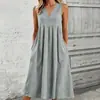 Vestido largo casual de verano para mujer, transfronterizo europeo y americano, de color liso, suelto, con bolsillos, escote en V, sin mangas, de longitud media