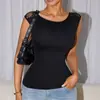 Top sin mangas de retazos de encaje estilo europeo y americano con cuello redondo, diseño sin espalda, patrón de jacquard hueco, estilo sexy sin espalda, se puede usar como prenda exterior o como capa interior