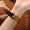 Pulsera Doble Círculo de Perlas Lacadas de Agarwood Qinan de Hainán, Patrimonio Cultural Inmaterial, Atrae Riqueza, Cristal Amarillo, Pulsera del Dios de la Riqueza para Mujeres