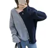 Suéter de punto con diseño de botones diagonales irregulares y bloques de color para mujer, versión coreana 2021, suéter básico holgado y favorecedor.