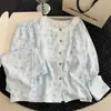 [Algodón nube de alta calidad] Conjunto de pijama largo de manga larga, cuello redondo, con ribete de encaje, talla grande para mujer, adecuado para usar como ropa de estar