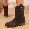Botas de Vaquero Occidentales de Caña Media para Mujer, Estilo Coreano, Punta Redonda, Tacón Grueso, Fruncidas, Modernas, Tallas Grandes, para Primavera y Otoño 2025