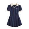 2023 Verano Nuevo Vestido de Contraste con Cuello Polo para Mujer Estilo Americano Estilo Universitario Cintura Ajustada Slim Línea A Falda de Chica Caliente