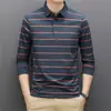 Camisa polo de rayas finas para hombre, camiseta base de manga larga, casual y versátil, estilo retro japonés, top azul para hombre