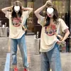 Camiseta oversized de algodão puro estilo europeu com ombros caídos e mangas curtas para mulheres, top vintage solto para primavera/verão plus size com visual "sem calças"