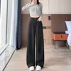 Calça feminina azul marinho para outono e inverno, nova, perna reta versátil, justa, forrada com fleece, perna larga, grossa, calça de terno