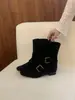 Botas de Cano Curto Khaki Slim com Salto Grosso para Mulheres 2026 Outono Botas Simples para Combinar com Saias Botas Western de Moda em Camurça de Cano Médio