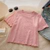 Estilo Transfronterizo Ropa de Verano Nueva Color Sólido Adelgazante Versátil Jersey de Manga Corta con Cuello Redondo para Mujer Top Corto Ajustado de Moda