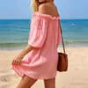 Vestido de verano europeo y americano de un hombro descubierto, salida de playa holgada de algodón con fruncidos, vestido corto de manga media para mujer para vacaciones en la playa