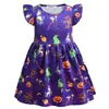 Vestido Europeo y Americano para Niños Noche de Halloween Vestido Infantil Manga Corta Fruncida Ropa para Niñas Cuello Redondo Vestido de Noche