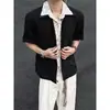Camisa Negra de Manga Corta para Hombre, Estilo Old Money, Vintage Holgada Casual, con Cuello Floral de Lino, Aspecto de Dos Piezas, Sensación de Hielo