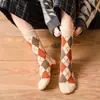 Calcetines de lana para mujer, calcetines de media pantorrilla, calcetines cálidos gruesos de estilo coreano de moda para otoño e invierno, cuadros de rombos retro japoneses.