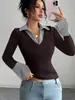 Otoño 2026 Nuevo Estilo Europeo y Americano de Amazon para Mujer Manga Larga Moda Casual Cuello Solapa Combinación Falsa de Dos Piezas Camiseta