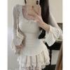 Camiseta de Encaje de Estilo Puro Dulce y Picante de Manga Larga para Mujer Primavera y Otoño Chic Ajustada a la Cintura Camiseta Base Interior Top de Cuello U