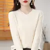 Suéter de punto de algodón puro transfronterizo para mujer, nuevo suéter de canalé de color liso con cuello en V y mangas largas para primavera y otoño, camiseta básica de corte holgado