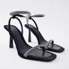 Sandalias para Mujer 2026 Primavera y Verano Nuevo Estilo Europeo y Americano Punta Abierta Tira Única Tacón de Aguja Punta Cuadrada de Moda Sexy Pedrería Tacones Altos