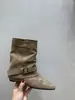 Botas Curtas Caqui de Camurça Vintage Chuyuji para Mulheres, Botas Estilo Francês, Design de Nicho Outonal Botas Western Arredondadas