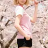 Top de manga corta raglán con bloques de color ajustado estética Y2K Venta al por mayor Camiseta de cuello con rayas rosas y blancas estilo chica dulce japonesa