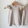 Ropa Coreana para Niñas, Cuello de Encaje, Patrón de Gofre, Mangas con Volantes, Mameluco de Bebé, Mono de Estilo Veraniego para Bebés