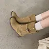 Botas vaqueras artísticas reversibles 2026 con hebilla de cinturón de remaches, piel de vacuno gamuzada, tacón medio grueso, punta redonda, botines de cuero genuino