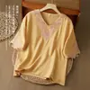 2026 Verano Nuevo Vintage Artístico Algodón Lino Bordado Pesado Camisa Cuello en V Holgada Adelgazante Versátil Top para Mujer