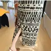 Falda Midi de Corte Recto con Abertura, Estampado Digital Bicolor de Doble Cara, Mezcla de Lyocell y Lino para Mujer, Verano S0521Y