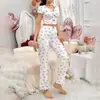 Pijama de Casa 2026 con Estampado de Corazones, Cuello en V, Manga Corta para Mujer, Se Puede Usar Afuera, Conjunto de Dos Piezas con Pantalones Largos, Pijama de Gasa de Doble Capa