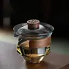 Tazón con tapa de vidrio estilo japonés tazón de té transparente tapa de bambú taza de té anti-quemaduras con orificio para filtro taza de té olla de kung fu de mano