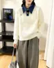 Nuevo Punto de Imitación de Visón Japonés y Coreano con Mangas de Mezclilla Empalmadas Cuello Polo Falso de Dos Piezas Ropa de Punto para Mujer Otoño e Invierno Punto Holgado Mangas Largas