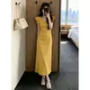 Vestido Amarillo de Manga Abullonada Ceñido a la Cintura para Mujer Verano Nuevo Estilo Francés Elegante Hermoso Impresionante Vestido Largo de Playa