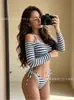 Nuevo Conjunto de Bikini de Rayas Retro para Vacaciones en la Playa, Traje de Baño de Dos Piezas de Manga Larga, Estilo Ins de Nicho, Bikini que Aclara la Piel