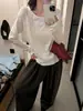 Camiseta de Algodão com Bambu Estilo Vintage Americano em 8 Cores, Gola Redonda, Manga Longa, Algodão Puro, Caimento Solto, Estilo Coreano (Gola Redonda, Manga Longa)