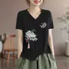 Camiseta feminina de manga curta soltinha de marca com superávit de comércio exterior transfronteiriço, top casual estampado estilo chinês emagrecedor