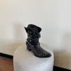 Primer Encuentro Botines Ji Martin para Mujer 2026 Verano Estilo Británico Punta Cuadrada Tacón Grueso Botines con Remaches Tobilleros Botas Vaqueras Western