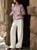 Moletom Texturizado Roxo Elegante com Gola Redonda para Mulheres 2026 Outono Novo Estilo Simples Solto Casual Versátil Emagrecedor Top