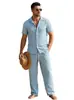 Traje casual jacquard de comercio exterior transfronterizo para hombre, top de camisa casual de manga corta con un solo botón para verano, pantalones largos holgados con cordón para hombre